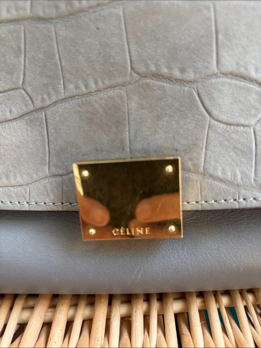 Celine Gray Croc-Embossed Leather Satchel with Gold Hardware - Picture 2 of 14